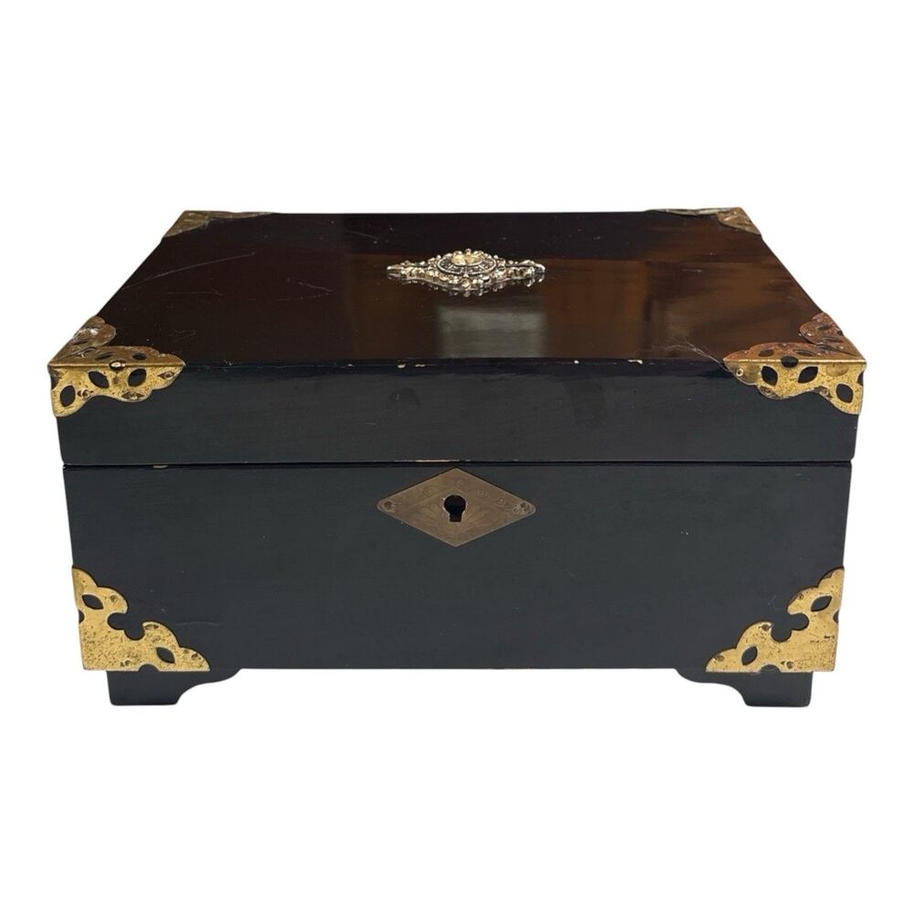 Vintage Black Lacquer Musical Jewelry Box Lift Out Tray Brass Tone Trim Works